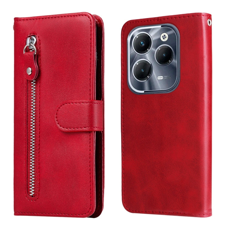 Red leather phone case with zipper, card slot, and fold-over cover for phone