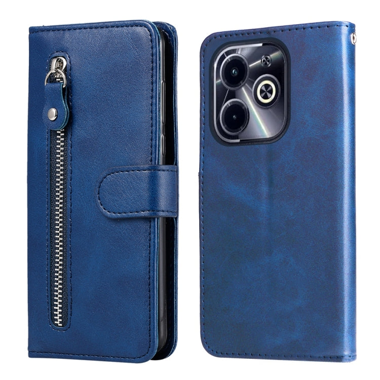 Blue leather phone case with zipper, card slot, and fold-over cover for phone