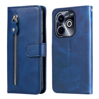 Blue leather phone case with zipper, card slot, and fold-over cover for phone