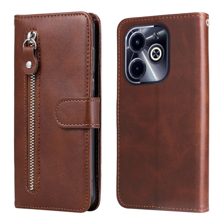 Brown leather phone case with zipper, card slot, and fold-over cover for phone