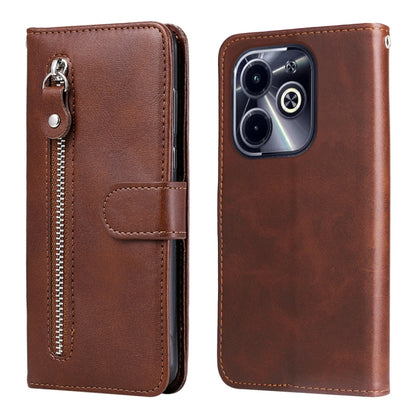 Brown leather phone case with zipper, card slot, and fold-over cover for phone