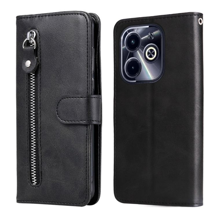 Black leather phone case with zipper, card slot, and fold-over cover for phone