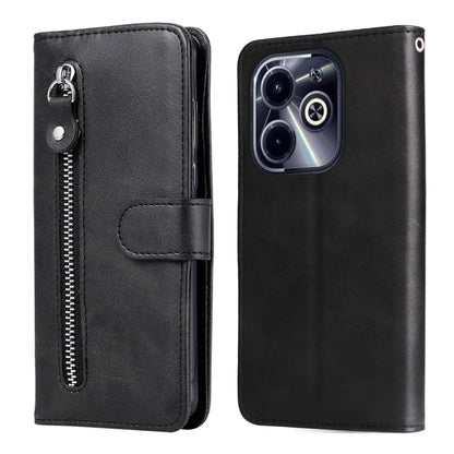 Black leather phone case with zipper, card slot, and fold-over cover for phone