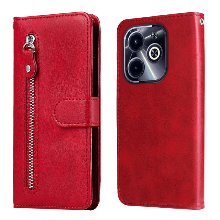 Red leather phone case with calf texture, vertical zipper pocket, and camera cutout