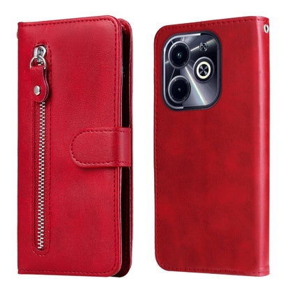 Red leather phone case with calf texture, vertical zipper pocket, and camera cutout