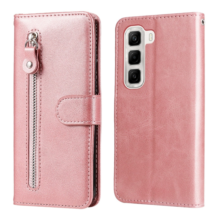 Pink leather-style phone case with zipper pull and flip wallet cover