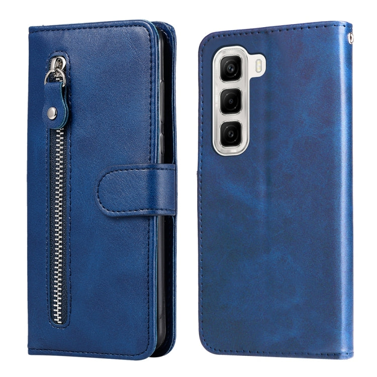 Blue leather-style phone case with zipper pull and flip wallet cover