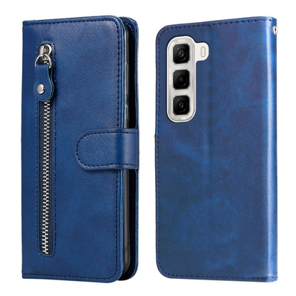 Blue leather-style phone case with zipper pull and flip wallet cover