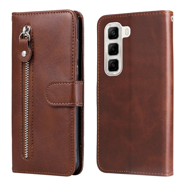 Brown leather-style phone case with zipper pull and flip wallet cover