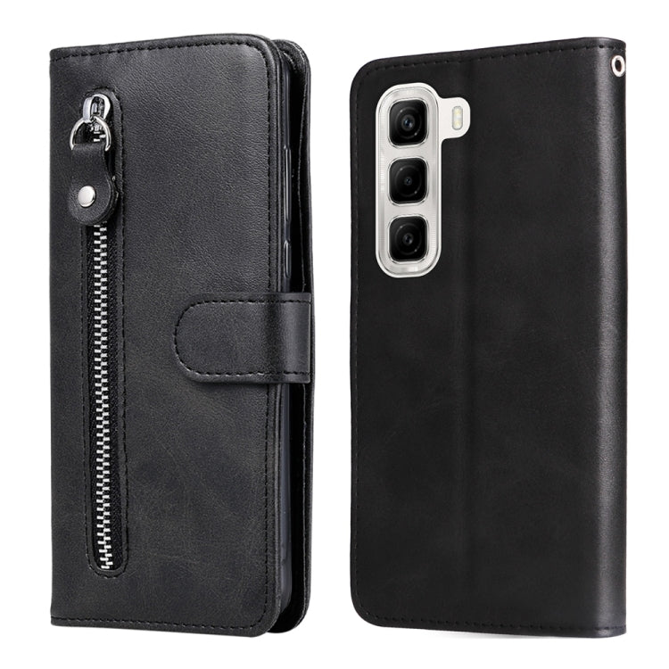 Black leather-style phone case with zipper pull and flip wallet cover