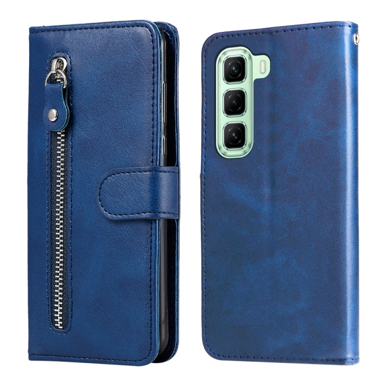 Blue leather-style phone case with zipper pull and flip wallet cover