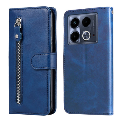Blue wallet phone case with zipper pocket, flip cover, and card holder flap