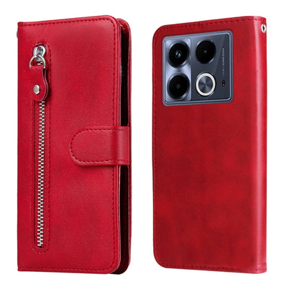 Red leather phone case with zipper, card slot, and fold-over cover for phone