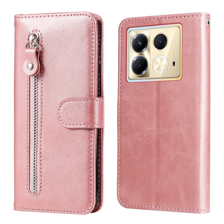 Rose gold leather phone case with zipper pocket and folio flap, camera cutout on back