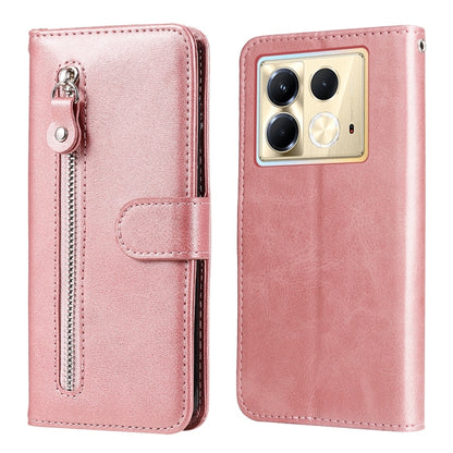 Rose gold leather phone case with zipper pocket and folio flap, camera cutout on back