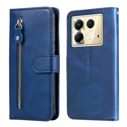 Blue leather phone case with zipper pocket and folio flap, camera cutout on back