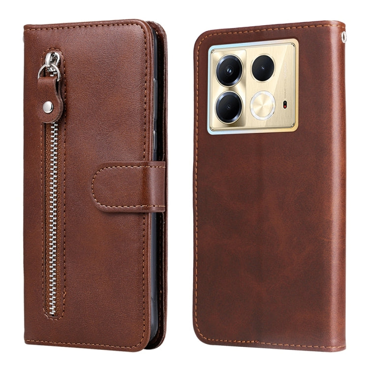 Brown leather phone case with zipper pocket and folio flap, camera cutout on back