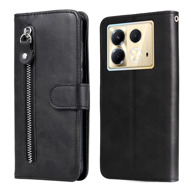 Black leather phone case with zipper pocket and folio flap, camera cutout on back