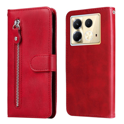 Red leather phone case with zipper pocket, flip cover, and card holder flap