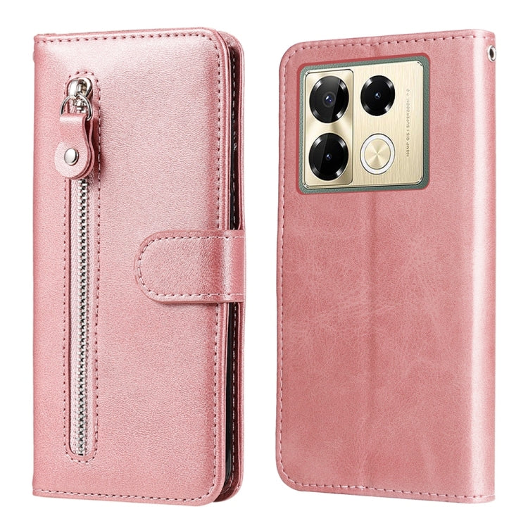 Pink leather phone case with zipper pocket, flip cover, and card holder flap