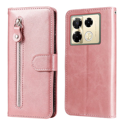 Pink leather phone case with zipper pocket, flip cover, and card holder flap
