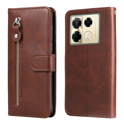Brown leather phone case with zipper pocket, flip cover, and card holder flap
