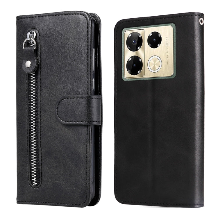 Black leather phone case with zipper pocket, flip cover, and card holder flap