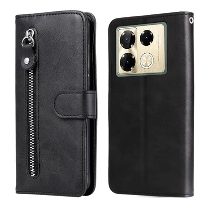 Black leather phone case with zipper pocket, flip cover, and card holder flap