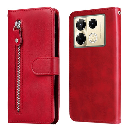 Red wallet-style phone case with zipper closure, flip cover, and card slot
