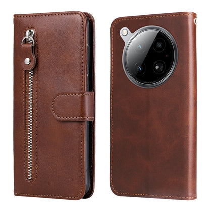 Brown leather phone case with zipper pocket and folio flap, wallet-style card holder