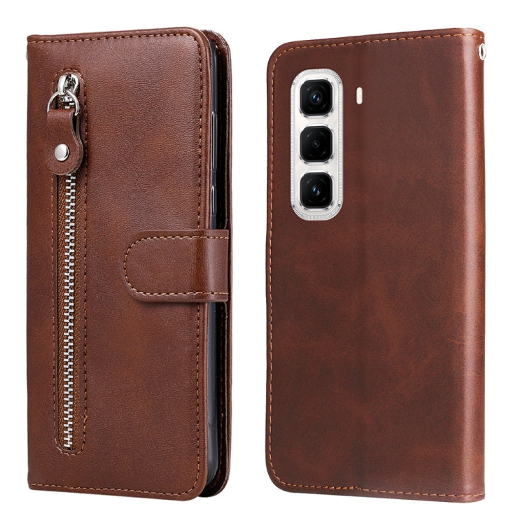 Brown leather zipper wallet phone case with flip cover and camera cutout