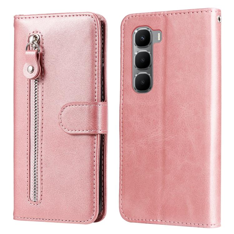Rose gold leather wallet phone case with zipper pocket and snap-on front flap