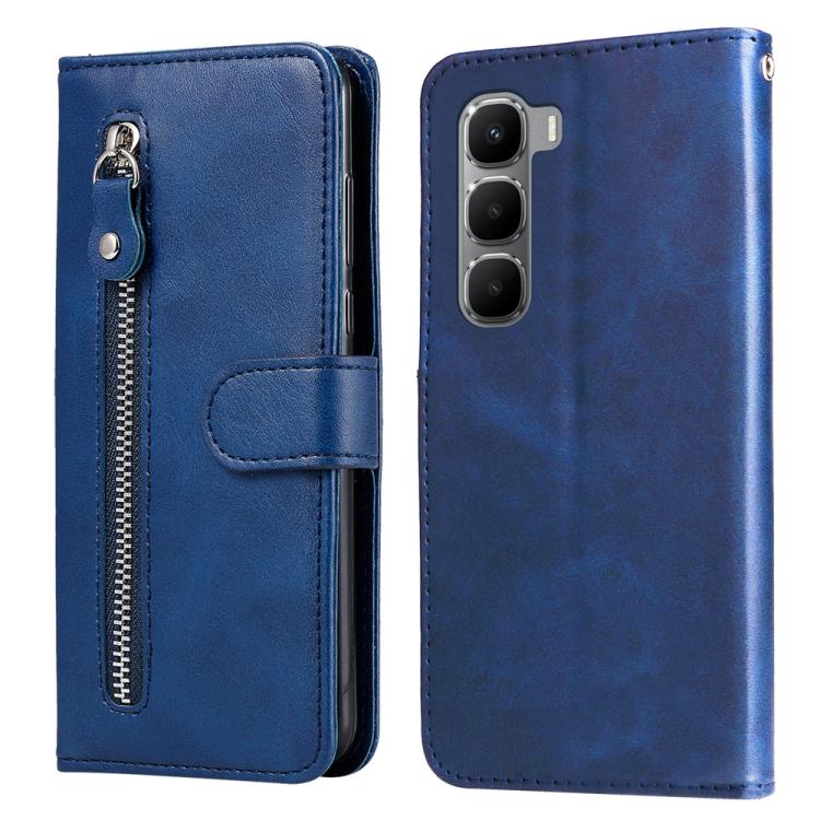 Blue leather wallet phone case with zipper pocket and snap-on front flap