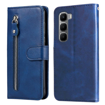 Blue leather wallet phone case with zipper pocket and snap-on front flap
