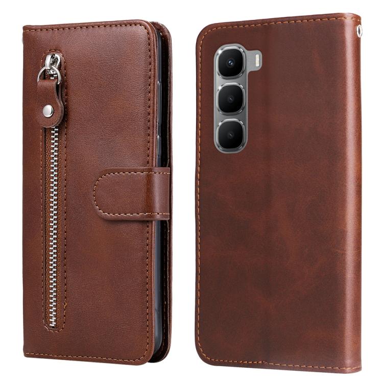 Brown leather wallet phone case with zipper pocket and snap-on front flap