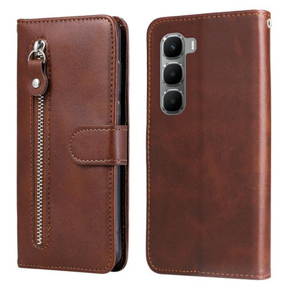 Brown leather wallet phone case with zipper pocket and snap-on front flap
