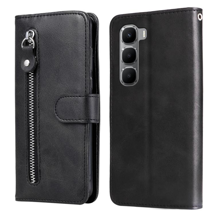 Black leather wallet phone case with zipper pocket and snap-on front flap
