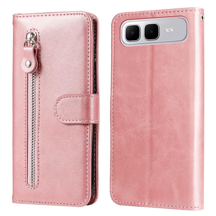 Pink leather phone case with vertical zipper and card-slot flap, phone-facing back panel