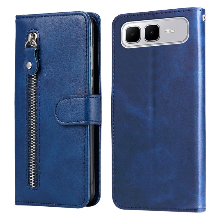 Blue leather phone case with vertical zipper and card-slot flap, phone-facing back panel