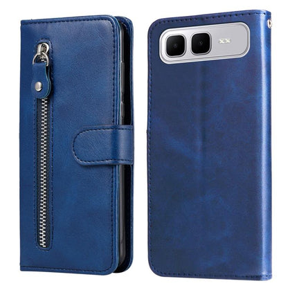 Blue leather phone case with vertical zipper and card-slot flap, phone-facing back panel