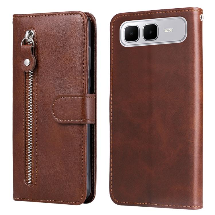 Brown leather phone case with vertical zipper and card-slot flap, phone-facing back panel