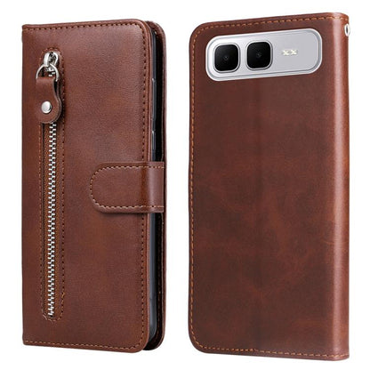 Brown leather phone case with vertical zipper and card-slot flap, phone-facing back panel