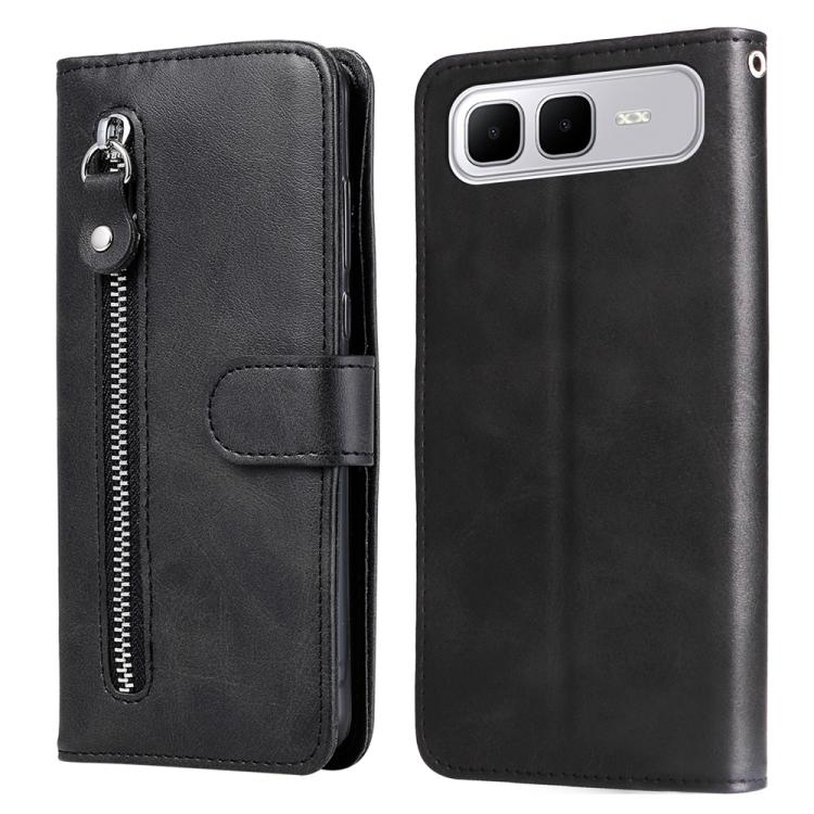 Black leather phone case with vertical zipper and card-slot flap, phone-facing back panel