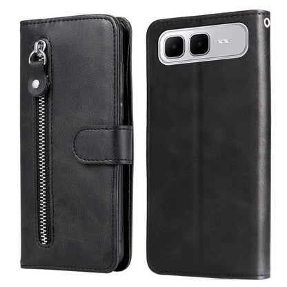Black leather phone case with vertical zipper and card-slot flap, phone-facing back panel