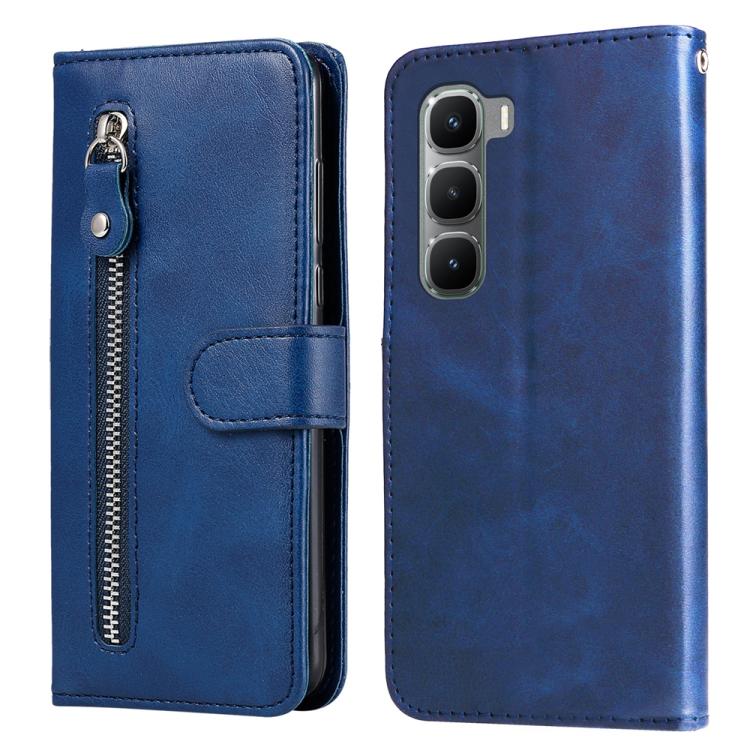 Blue leather phone case with vertical zipper and card-slot flap, magnetic closure