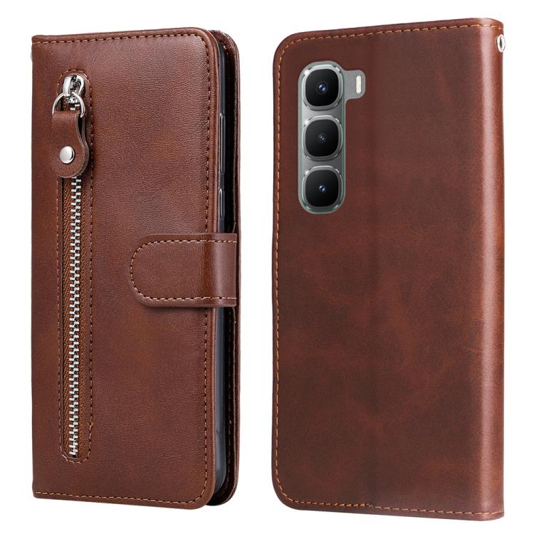 Brown leather phone case with vertical zipper and card-slot flap, magnetic closure