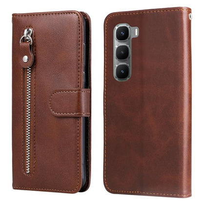 Brown leather phone case with vertical zipper and card-slot flap, magnetic closure