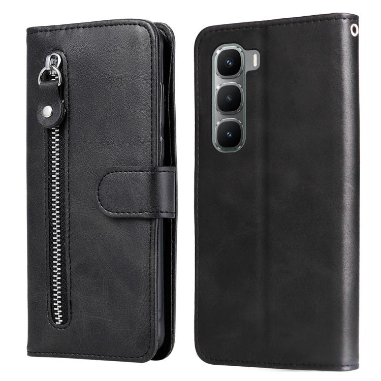 Black leather phone case with vertical zipper and card-slot flap, magnetic closure