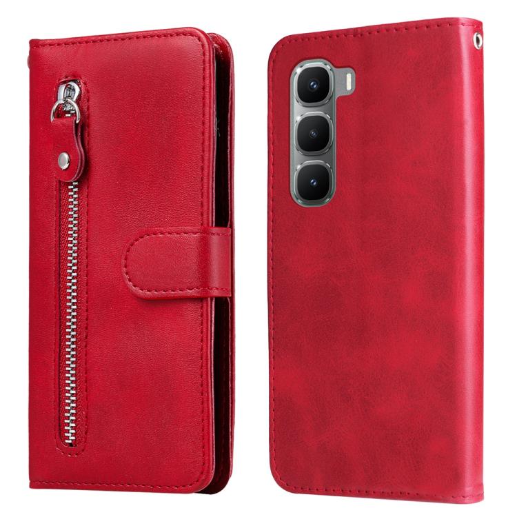 Red leather phone case with vertical zipper and card-slot flap, phone-facing back panel