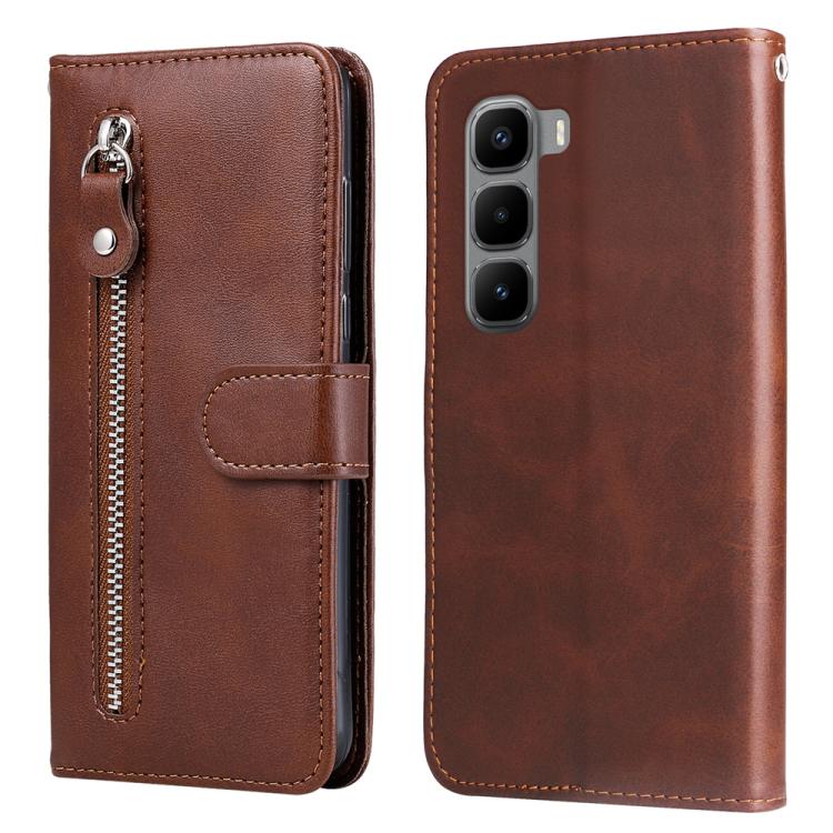 Brown leather wallet phone case with zipper pocket and snap-on front flap, card holder